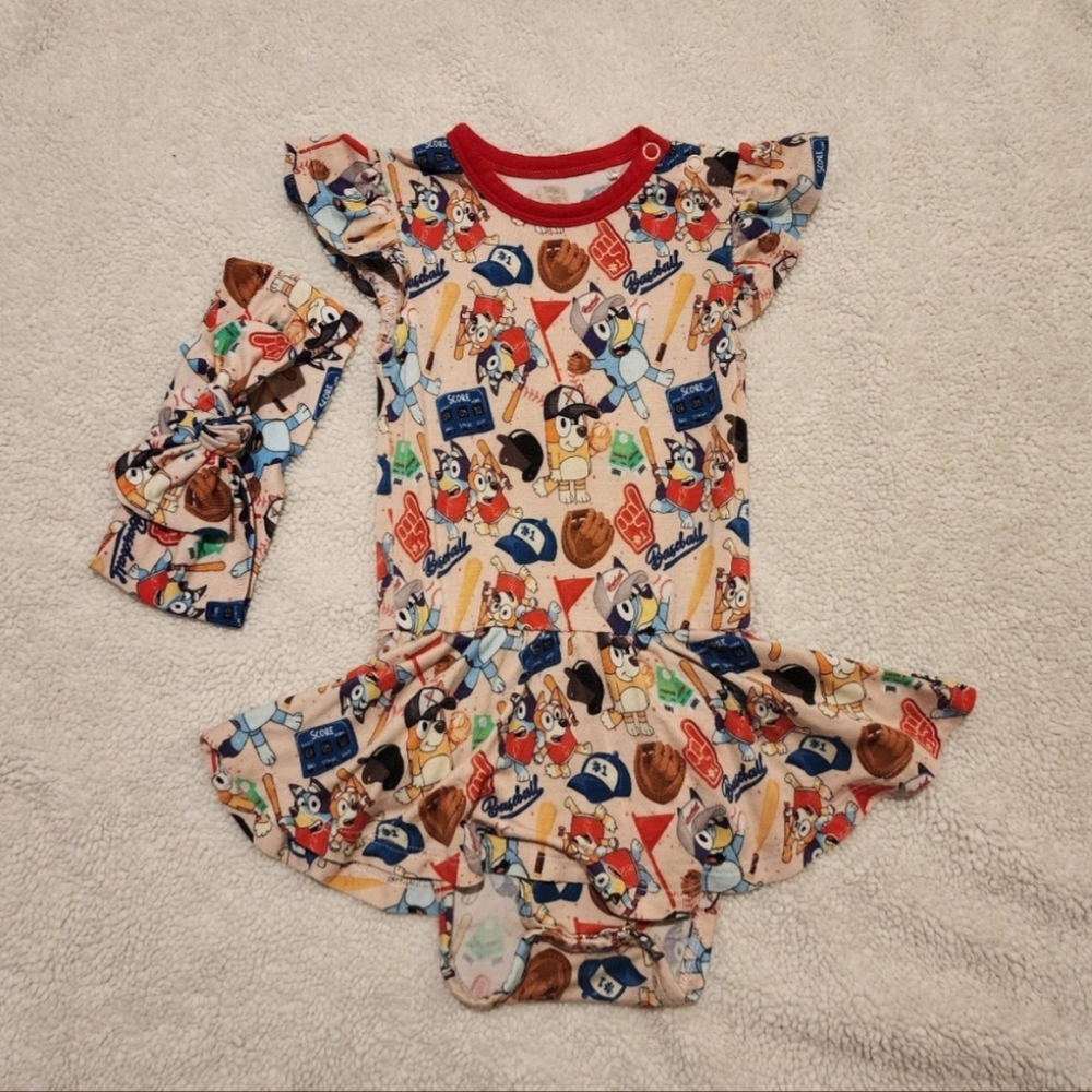 Charlies Project|Little Snuggles Bluey Baseball Dress + Bow 6-12mo